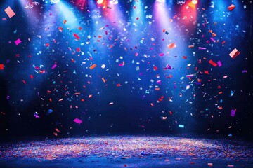 Colorful confetti falling down on stage illuminated by spotlights