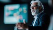 © Maximages  - An elderly man with white hair delivers a passionate presentation at a seminar, utilizing expressive hand movements, while a colorful screen is blurred in the background.