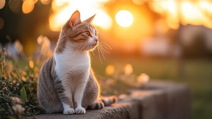 A cat sitting on a ledge during sunset, capturing a serene moment in nature.