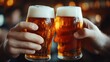 © Maximages  - Two beer glasses being raised and touched in a vibrant and energetic pub environment, symbolizing friendship, celebrations, and the enjoyment of good company and refreshing drinks.