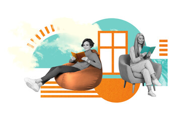 Canvas Print - Composite collage of two young women reading books literature hobby information materials sit library chairs isolated on drawn background