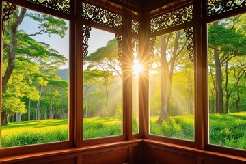 Wall Mural - Warm and inviting sunlight streams through the large, ornate windows.