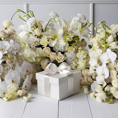 Wall Mural - Floral bouquets with white gift box on white wooden background