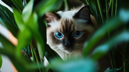 A cat with striking blue eyes peeks through lush green leaves.