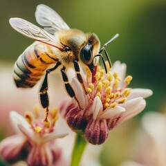 Sticker - A bee pollinating a delicate white flower with yellow pollen.