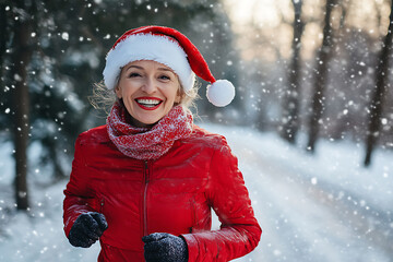 active winter lifestyle and sport outdoor, sportive person running in the park in christmas holiday vacation, mature woman looking at camera