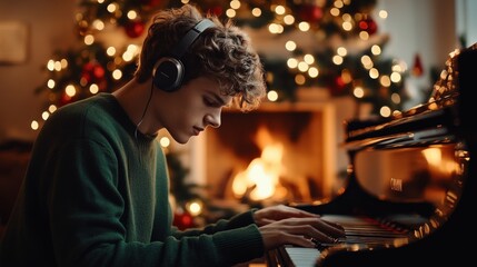 A young man Handsome, smart beautiful in a green and Headphones music, sitting at play the piano near a Christmas tree with a garland of lights and the warm glow of a fireplace.