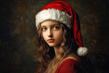 Poster - A young girl with long, wavy hair gazes softly at the viewer while wearing a festive red Christmas hat, creating a warm holiday atmosphere against a muted backdrop