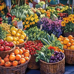 Wall Mural - A bountiful display of fresh produce in wicker baskets at a farmers market.