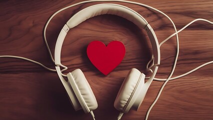 White headphones with red heart sign in the middle on wooden background