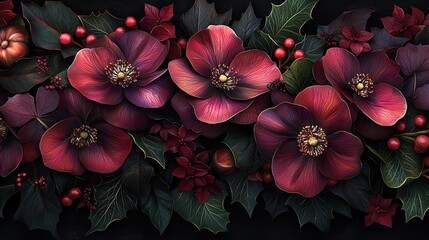 Poster - A stunning composition of red and purple hellebore flowers surrounded by rich green foliage and berries, highlighting the beauty of nature in an artistic display of color and texture