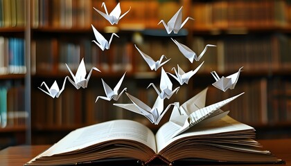 Wall Mural - Whimsical library scene with an open book and origami birds soaring to new adventures