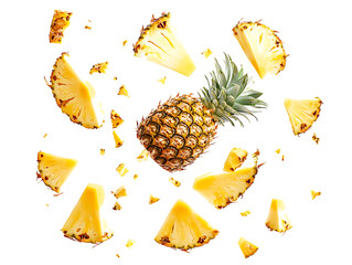 Falling Pineapple slices isolated on Transparent background, full depth of field, lipping path,pineapple in full depth of field, Falling candied fruit, Cut pineapple on transparent background, ring,Ai