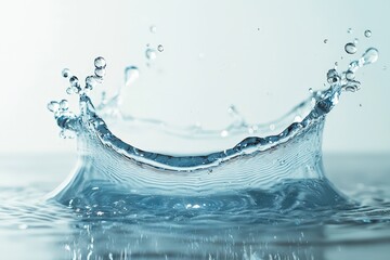 Fototapete - A splash of water erupts from the surface, sending droplets airborne while creating ripples in a serene environment. The light enhances the clarity of the water
