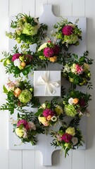 Wall Mural - Floral bouquets with white gift box on white wooden background