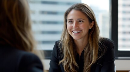 A professional woman smiles during a business meeting