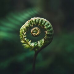 A close-up of a green fern frond unfurling into a spiral shape.