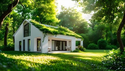 Charming white house nestled in vibrant greenery illuminated by bright sunbeams