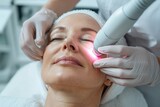 A professional performs a laser skin treatment on a client in a clinical setting, symbolizing advanced beauty treatments and the intersection of health and technology.