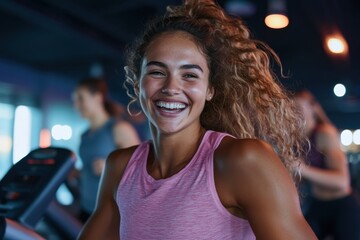 A woman with a wide smile exercising on a treadmill in a bustling gym environment, reflecting enthusiasm and commitment to her fitness routine amidst focused peers.