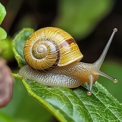 Canvas Print - A close-up of a snail with a brown and yellow shell crawling on a green leaf.