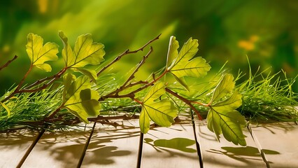 Canvas Print - Green leaves on twigs, sward and wooden planks with green blurry background