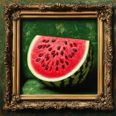 Poster - A close-up of a watermelon slice in a golden frame.