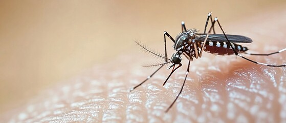 Close-up of mosquito on human skin, detailed view of insect feeding