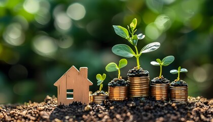 Nurturing growth: coins balancing plant sprouts beside a house-shaped sign