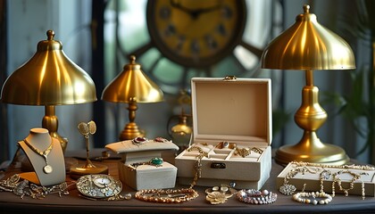 Elegant jewelry box showcasing exquisite pieces highlighted by a vintage brass bell lamp in the background