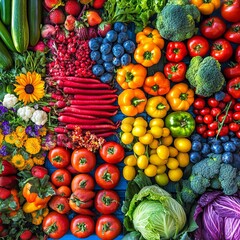 Poster - A colorful rainbow of fresh produce, including tomatoes, peppers, broccoli, and more, arranged on a blue wooden background.