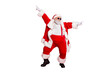 © deagreez - Full body photo of funky fat santa claus with big funny abdomen dancing raising arms wearing style stylish trendy eyewear eyeglasses isolated over red background