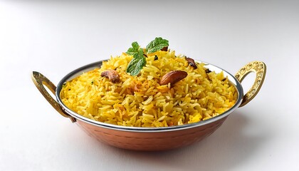 Wall Mural - Aromatic Yellow Rice with Nuts and Mint in a Copper Serving Dish