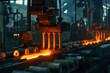 © Татьяна Евдокимова - Automated industrial machinery shaping glowing hot metal in an aluminum extrusion factory