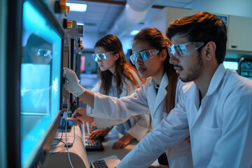 Three chemical engineers wearing lab coats and safety goggles, working together in a modern laboratory, analyzing data on a computer screen
