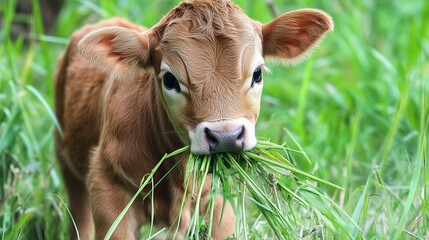 Wall Mural - Cute calf enjoying a meal of fresh grass