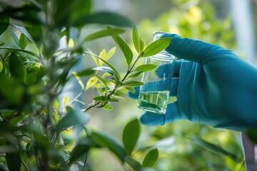 Scientist wearing blue gloves is holding a beaker with liquid analyzing a green plant for sustainable development