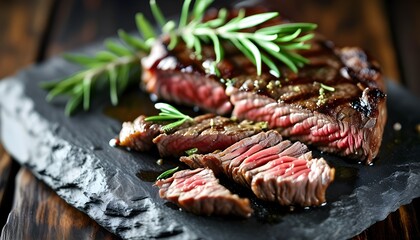 Savory sliced steak garnished with fresh rosemary on a rustic slate background