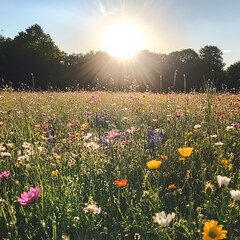 Sticker - A field of wildflowers bathed in golden sunlight.