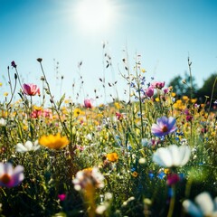 Sticker - A field of wildflowers in full bloom, bathed in warm sunlight.