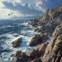 Wall Mural - A flock of seagulls fly over a rocky coastline with crashing waves.