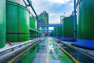 Modern industrial facility with green storage tanks and complex pipe systems for processing and production