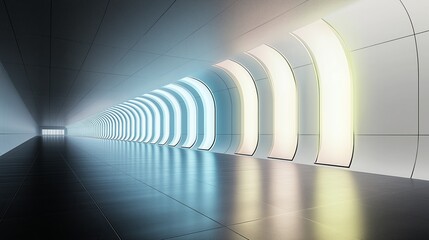 Canvas Print - A futuristic hallway with glowing arches.