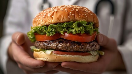 Doctor holding a juicy hamburger, a humorous take on healthy eating.