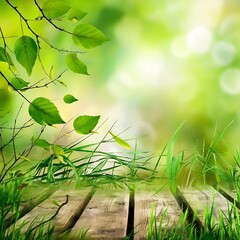 Canvas Print - Green leaves on twigs, sward and wooden planks with green blurry background