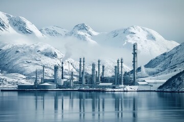 Oil refinery operates near a fjord in snowy norway, creating an industrial landscape in winter