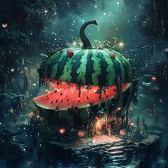 Sticker - A giant watermelon sits open in a fantastical forest, with tiny figures walking underneath.