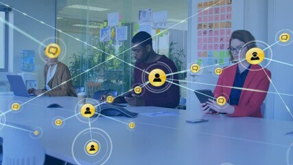 Poster - Animation of network of connections with people icons over diverse business people in office