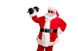 © deagreez - Portrait of his he nice attractive fat overweighed bearded Santa working out barbell physical exercise workout calories diet regime isolated over bright vivid shine red background