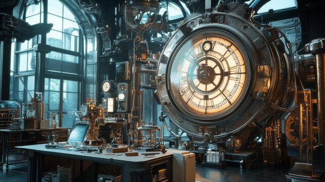 a time machine in a high-tech lab, with scientists preparing for a journey to the past.